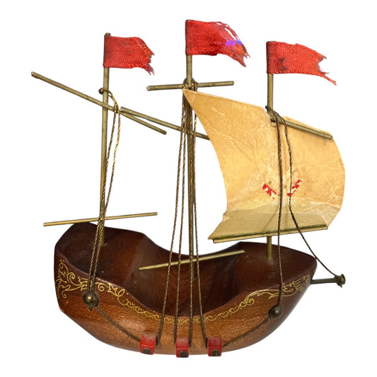 Vintage 1950s–70s Wooden “Santa Maria” Model Ship – Made in Holland – Nautical Decor with Dutch Wooden Shoe Base
