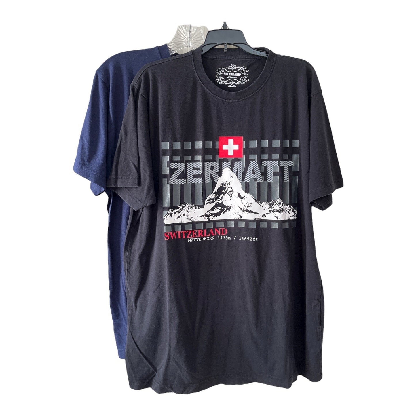 Lot of 2 Splash Arts Switzerland Souvenir T-Shirts – XXL – Zermatt Matterhorn & Swiss Flag Designs
