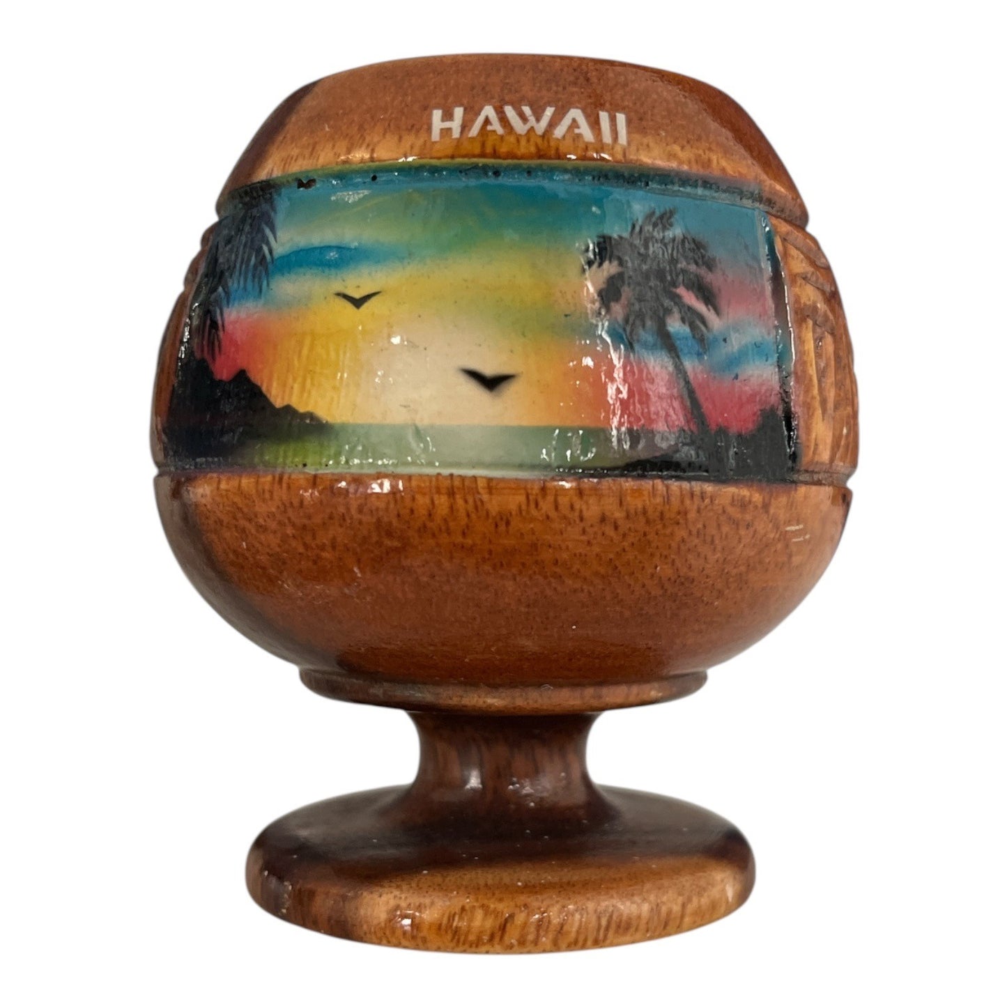 Vintage Hawaiian Carved Wood Toothpick Holder Pedestal Tiki Souvenir Palm Tree Sunset Hawaii