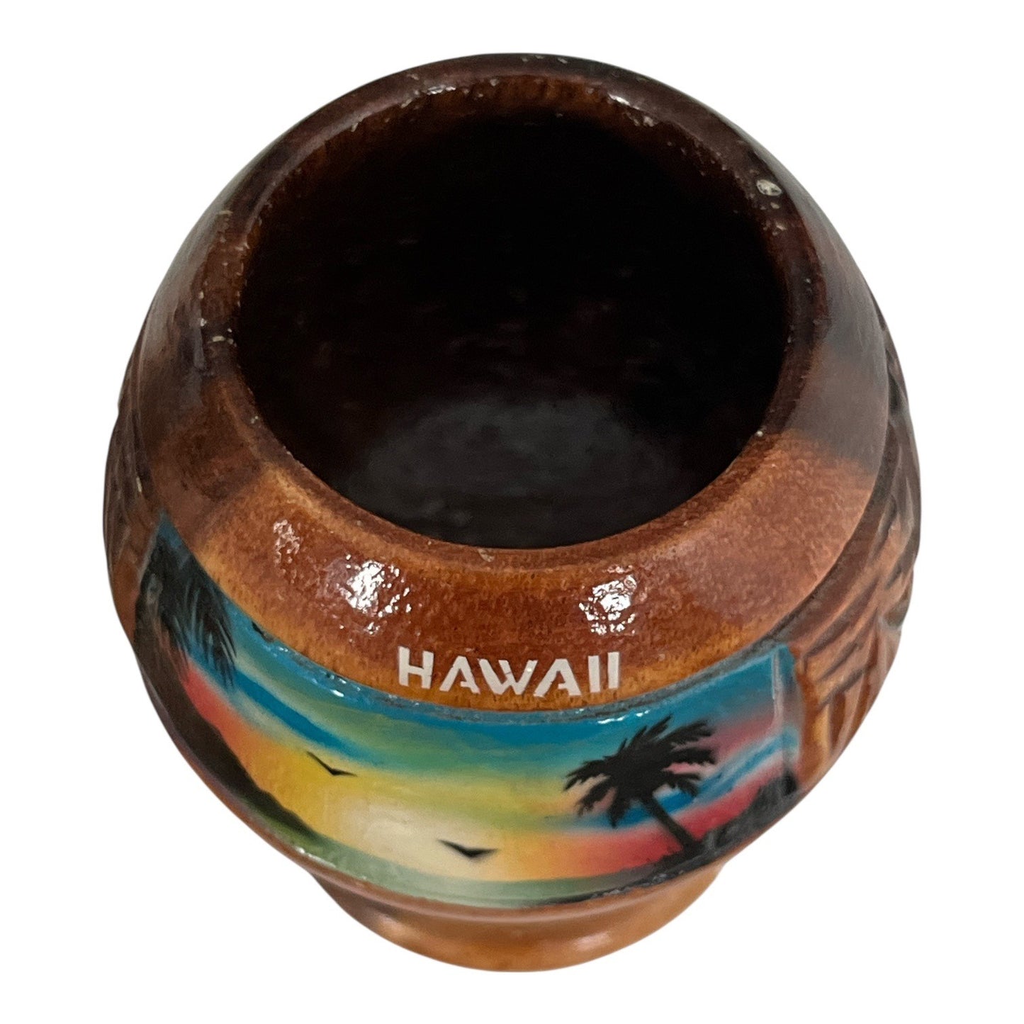 Vintage Hawaiian Carved Wood Toothpick Holder Pedestal Tiki Souvenir Palm Tree Sunset Hawaii