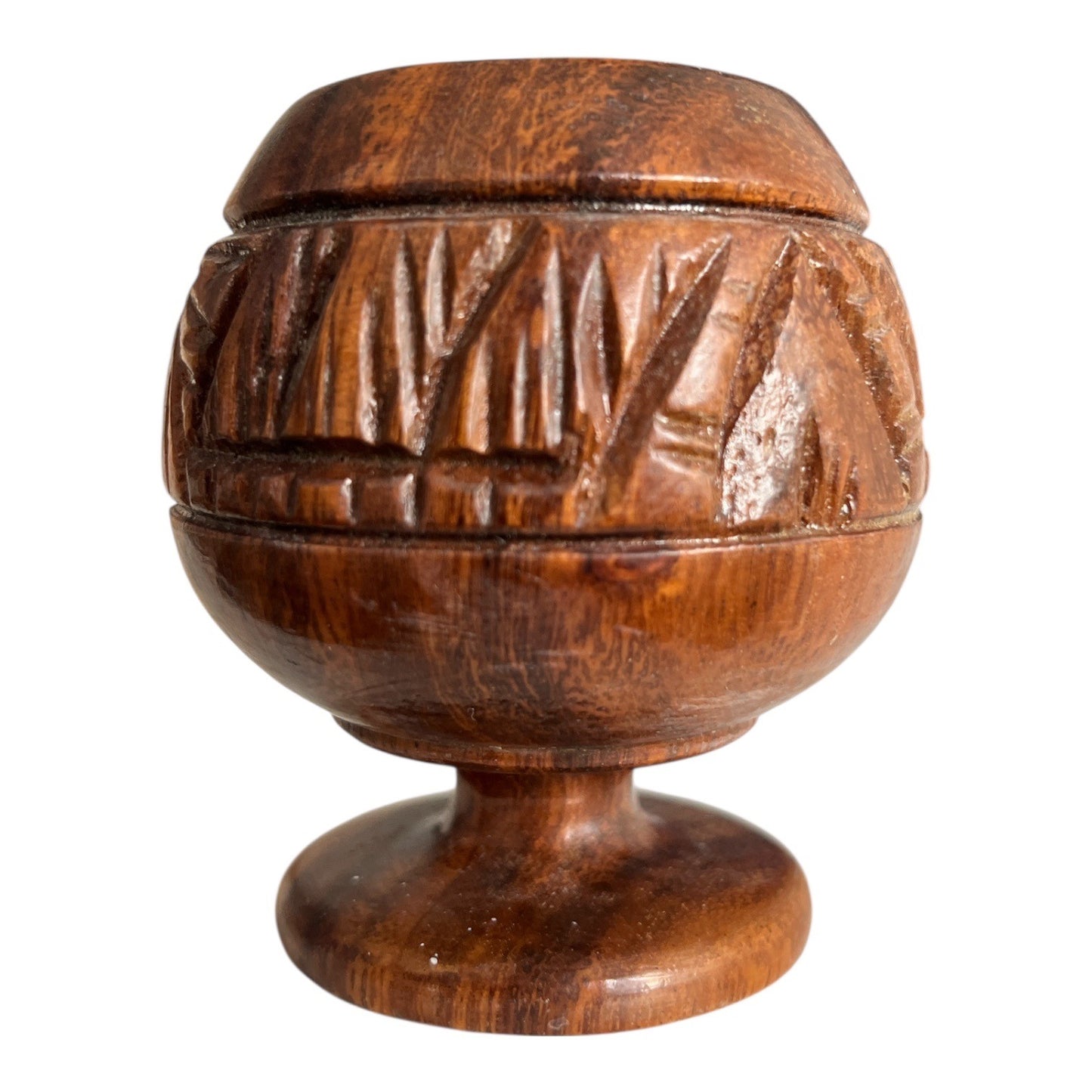 Vintage Hawaiian Carved Wood Toothpick Holder Pedestal Tiki Souvenir Palm Tree Sunset Hawaii