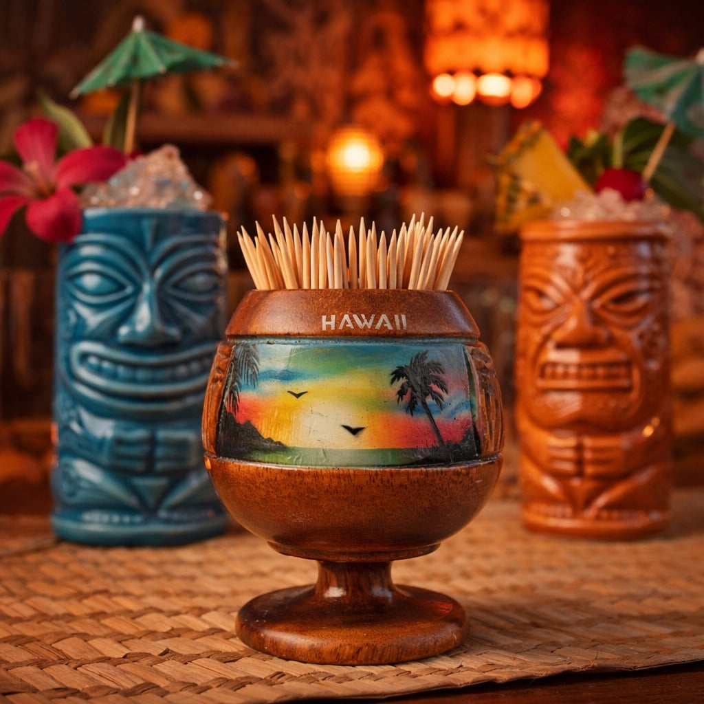 Vintage Hawaiian Carved Wood Toothpick Holder Pedestal Tiki Souvenir Palm Tree Sunset Hawaii