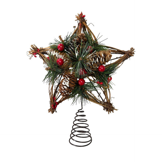 Vintage Rustic Grapevine Christmas Tree Topper Star Pinecones Berries Woodland Decor