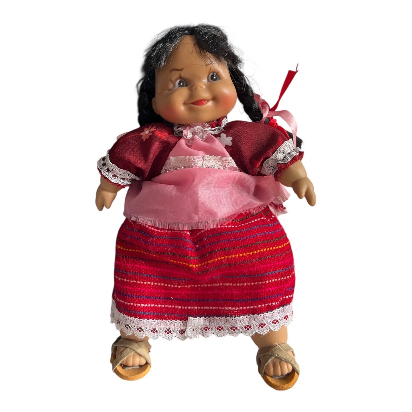 Vintage Mexican Style Muñeca Doll 9” Vinyl Head Braided Hair Folk Dress Souvenir Doll