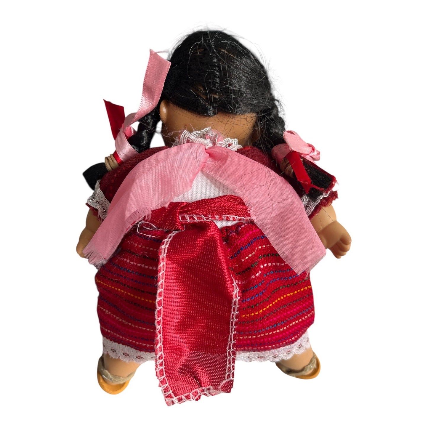 Vintage Mexican Style Muñeca Doll 9” Vinyl Head Braided Hair Folk Dress Souvenir Doll