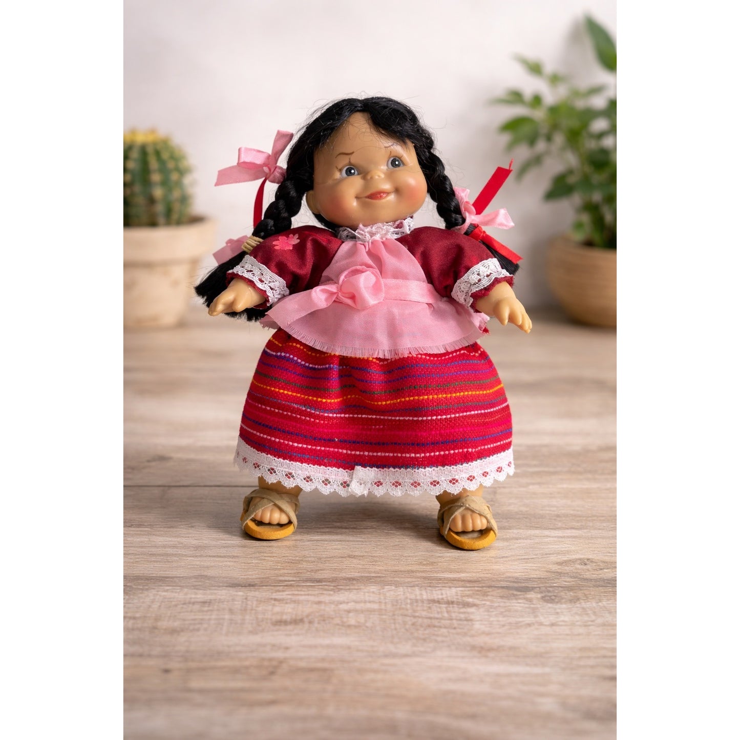Vintage Mexican Style Muñeca Doll 9” Vinyl Head Braided Hair Folk Dress Souvenir Doll