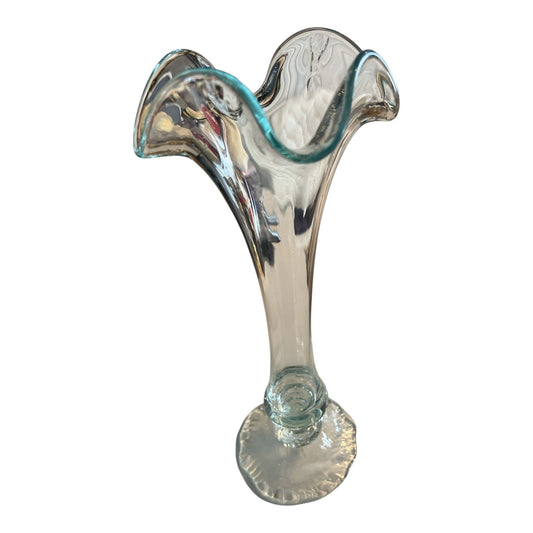 Vintage Faviluso Hand-Blown Art Glass Trumpet Vase – Green Edged Clear Glass – Made in Venezuela – Mid-Century Decor