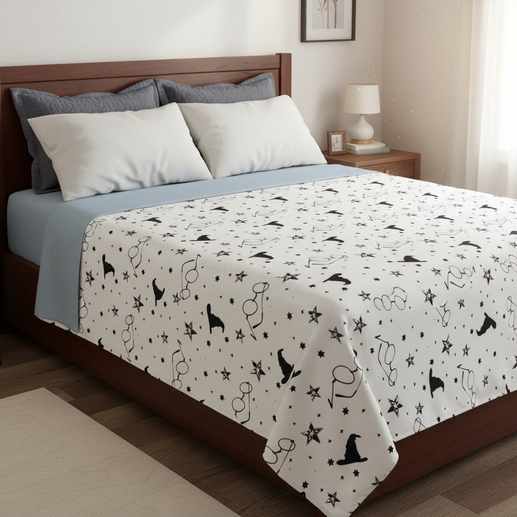 Harry Potter Full Size Flat Sheet Jay Franco Glasses Stars Wizard Hat White Black