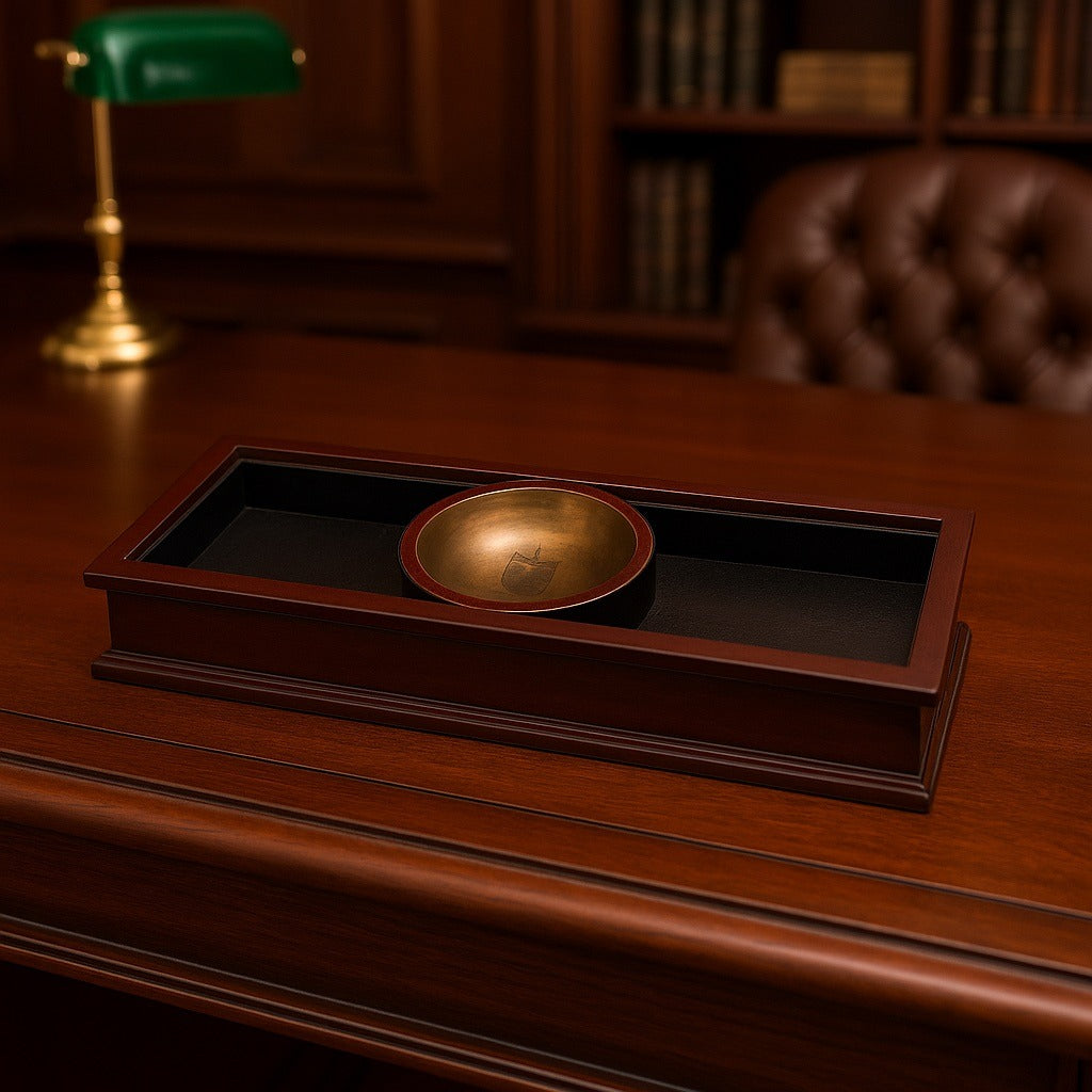 Bombay Company 2005 Wooden Desk Organizer with Brass Emblem Bowl – Mahogany Finish