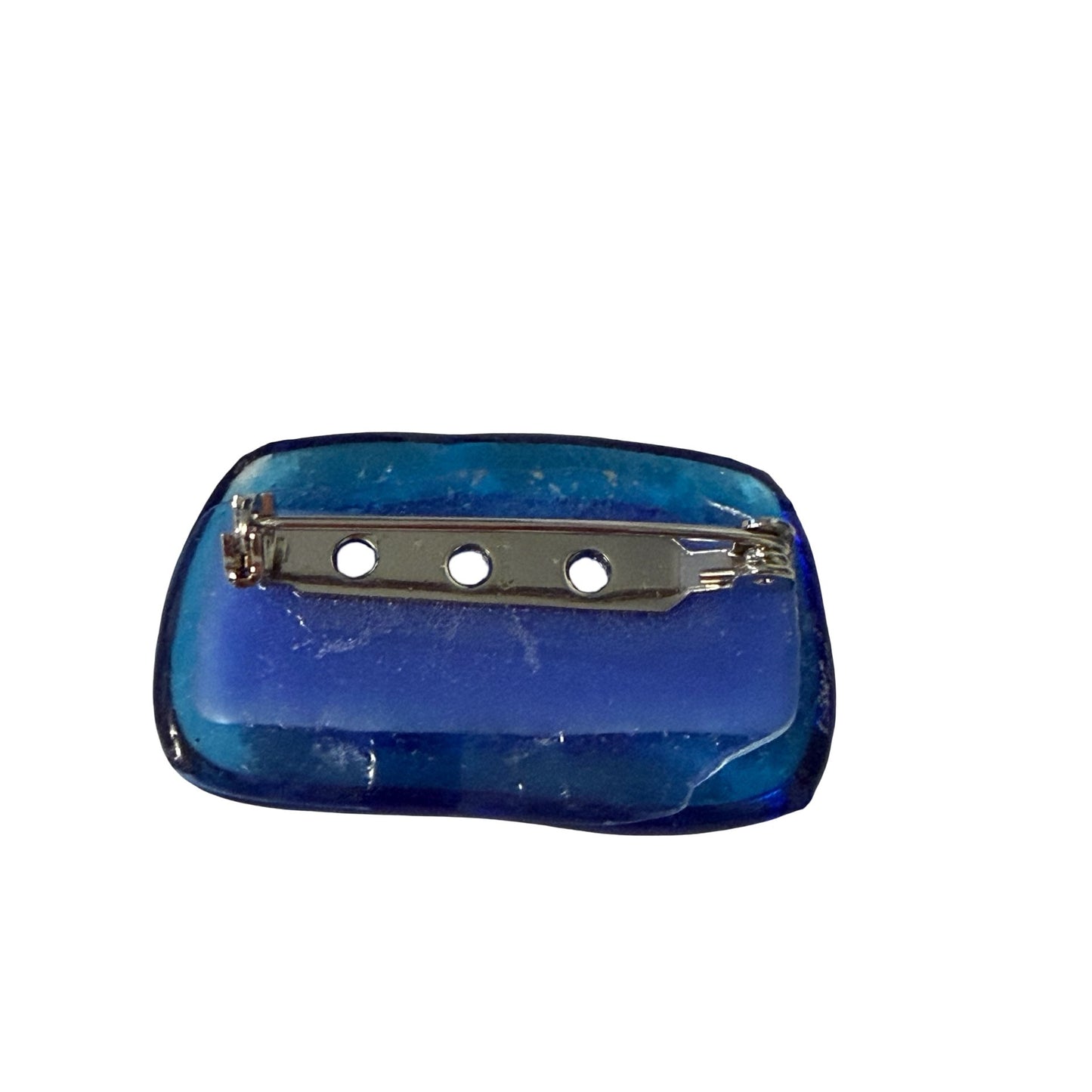 Vintage Handmade Blue Fused Glass Brooch Pin Abstract Art Glass Rectangle