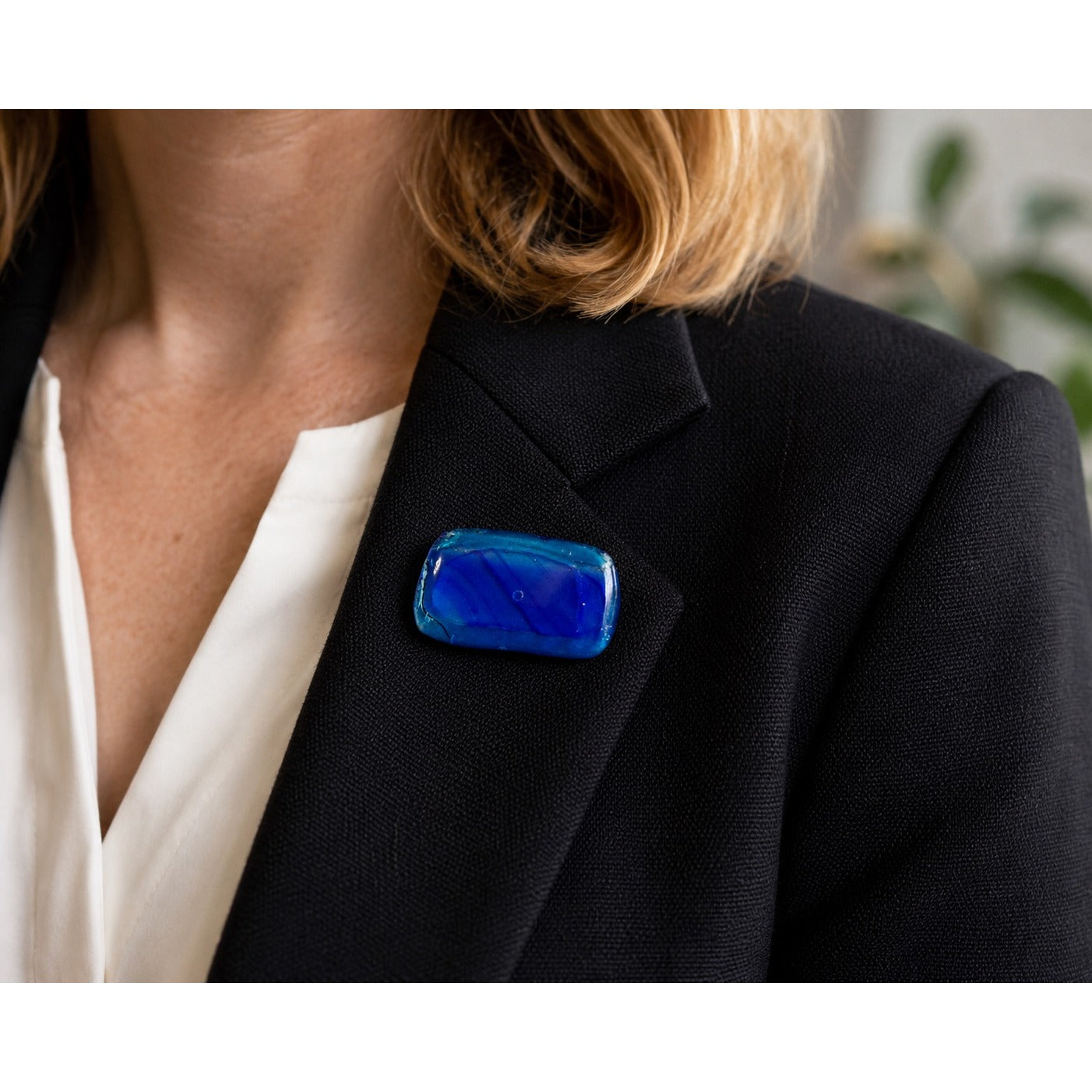 Vintage Handmade Blue Fused Glass Brooch Pin Abstract Art Glass Rectangle