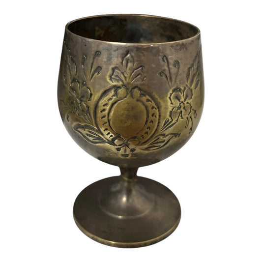 Vintage Brass Goblet with Floral Engraving – Etched Metal Chalice, 3x2 Inches