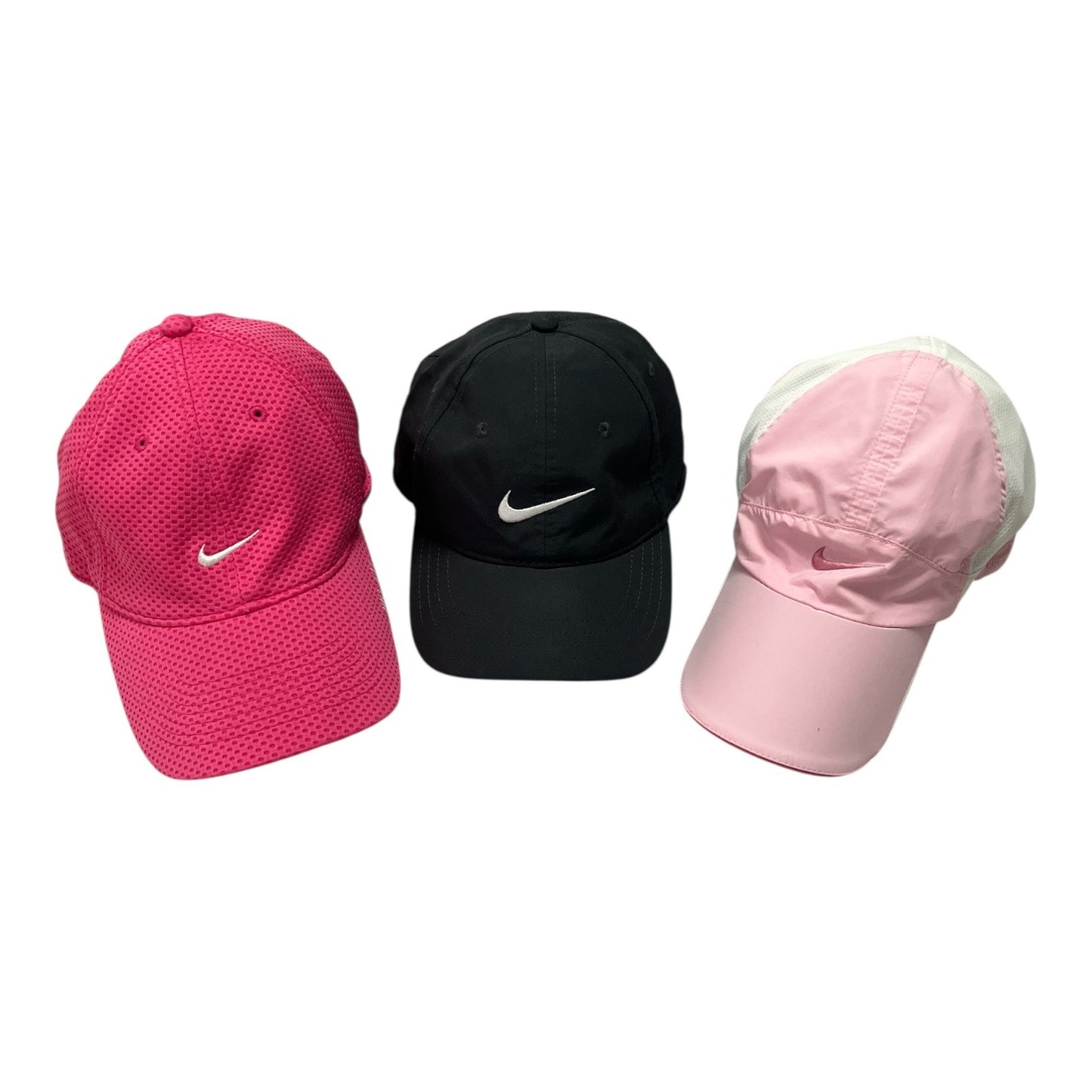 Lot of 3 Nike Dri-FIT Baseball Caps – Pink Mesh, Black Just Do It, Two-Tone Pink – Adjustable Running Hats