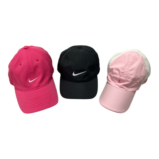 Lot of 3 Nike Dri-FIT Baseball Caps – Pink Mesh, Black Just Do It, Two-Tone Pink – Adjustable Running Hats