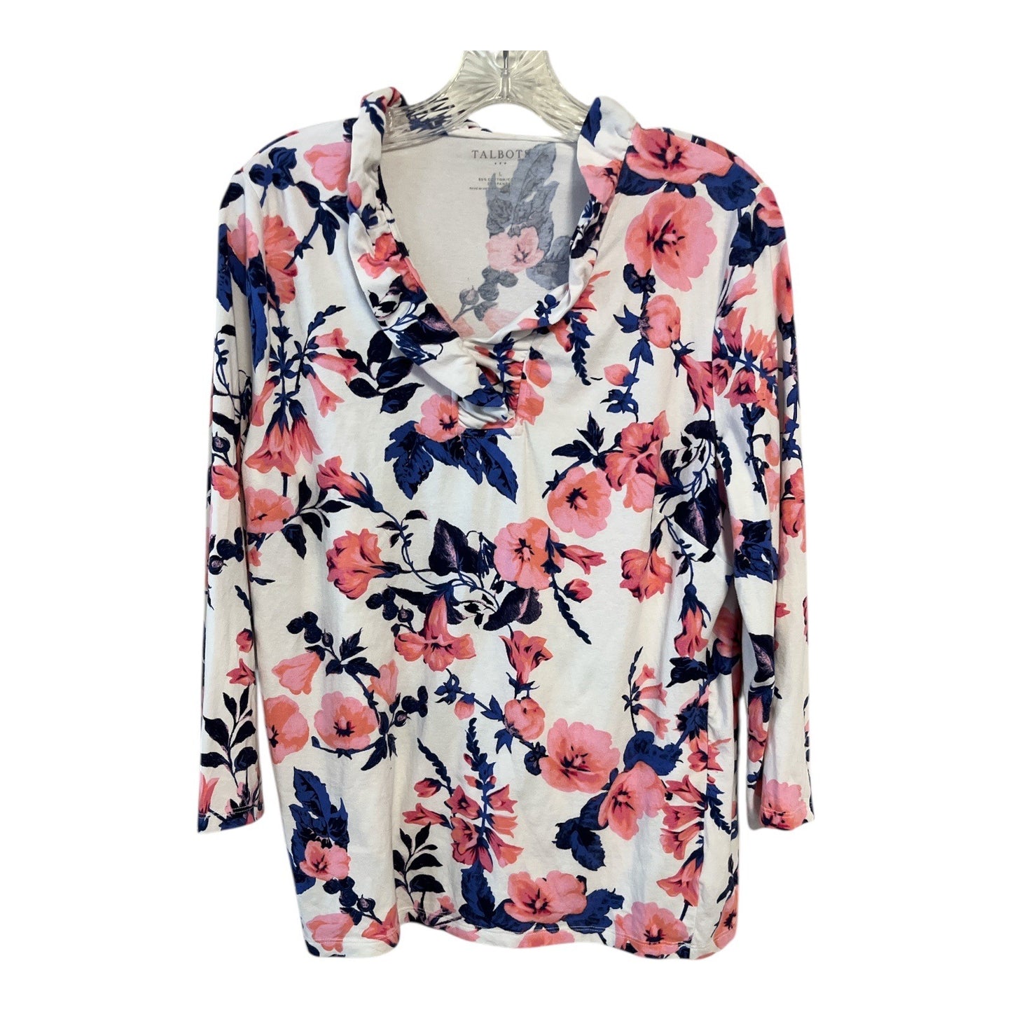 Talbots Floral Knit Top Womens Large Pink Blue White Cowl Neck Long Sleeve Stretch
