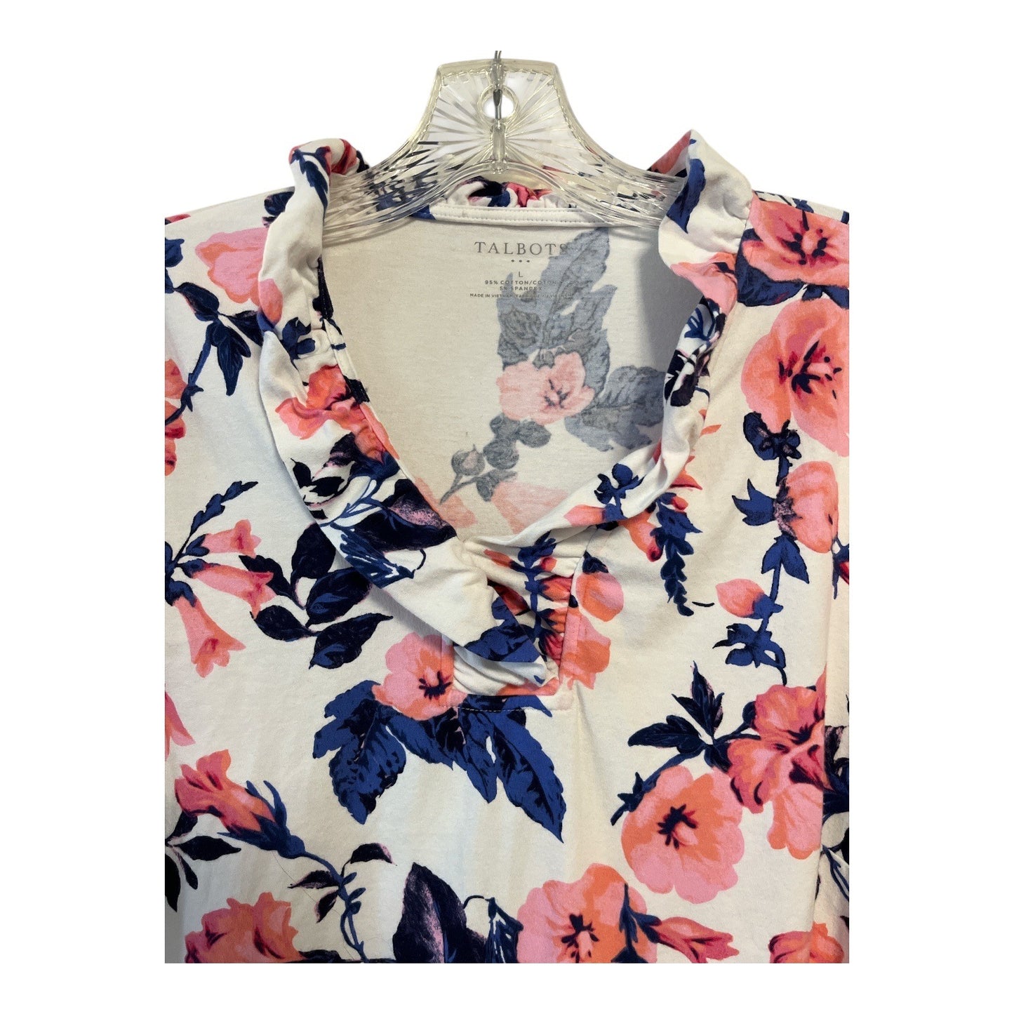 Talbots Floral Knit Top Womens Large Pink Blue White Cowl Neck Long Sleeve Stretch