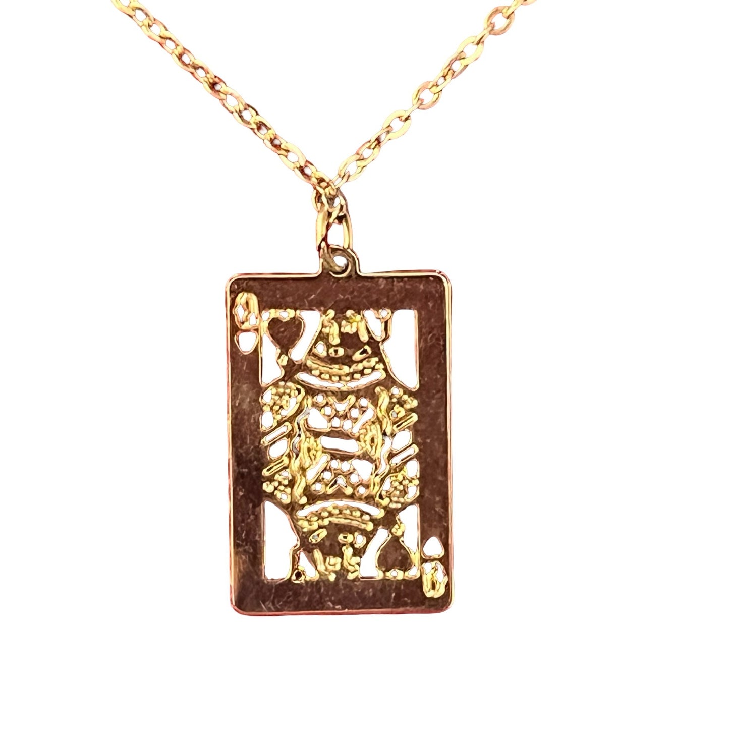 Vintage Queen of Hearts Playing Card Pendant Necklace Gold Tone Cutout 16” With Box