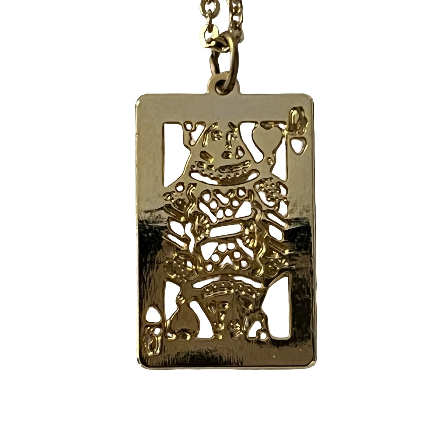 Vintage Queen of Hearts Playing Card Pendant Necklace Gold Tone Cutout 16” With Box
