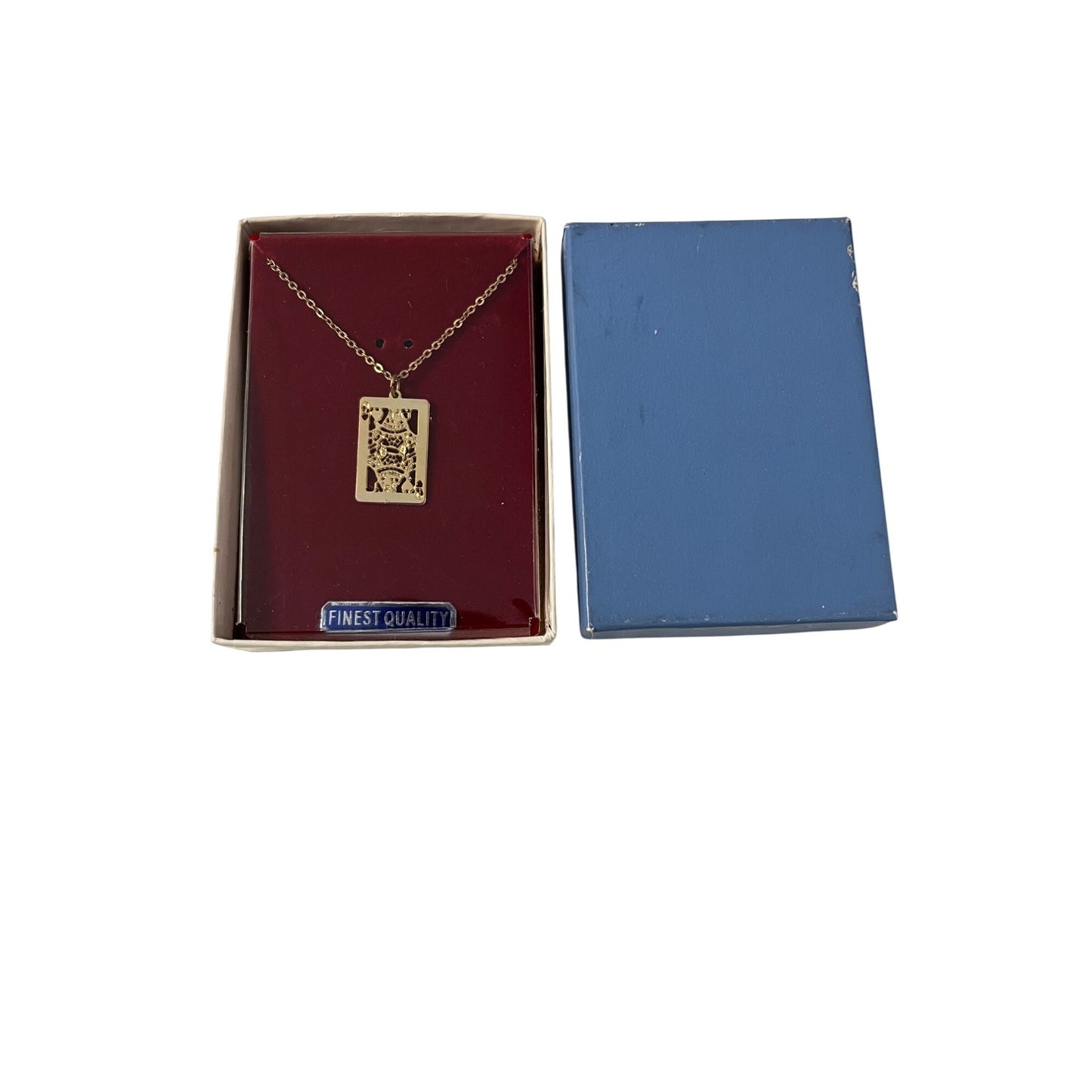 Vintage Queen of Hearts Playing Card Pendant Necklace Gold Tone Cutout 16” With Box