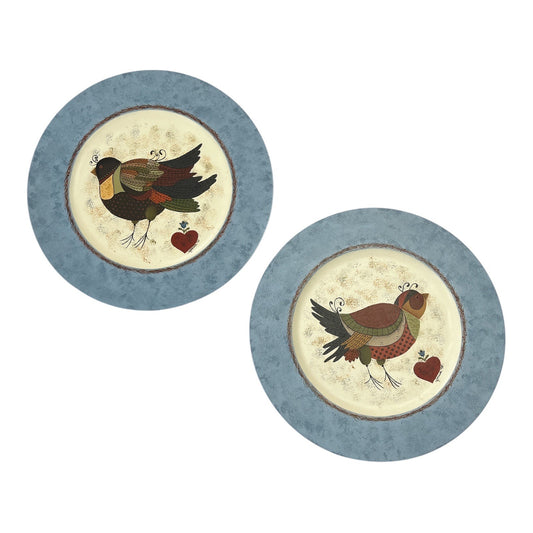 Signed RJ Cornell 1998 Hand-Painted Folk Art Wall Plaques – Pair of Wooden Plates with Birds & Hearts – Primitive Country Decor