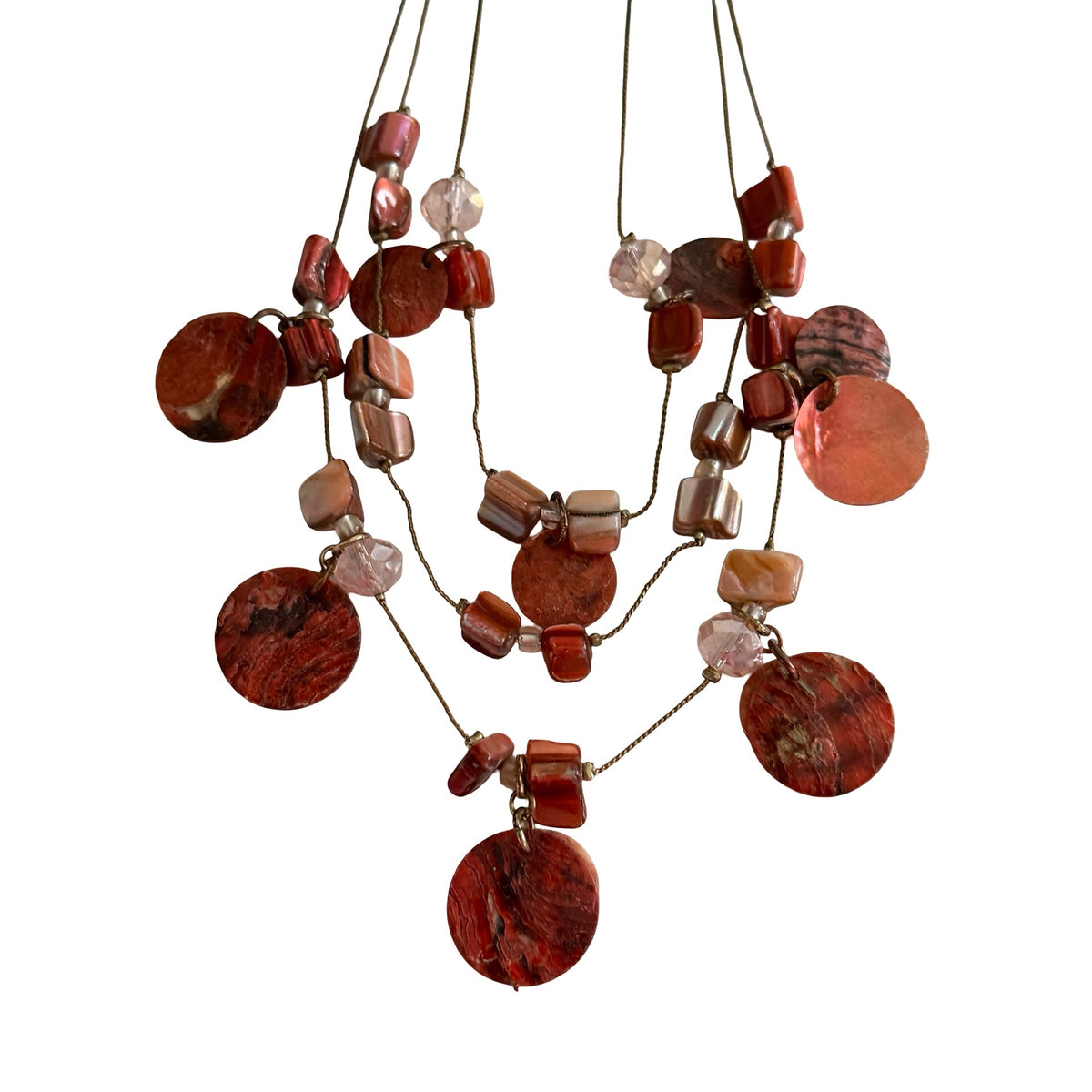 Y2K Red Jasper Style Multi Strand Statement Necklace Boho Disc Beaded 14 Inch