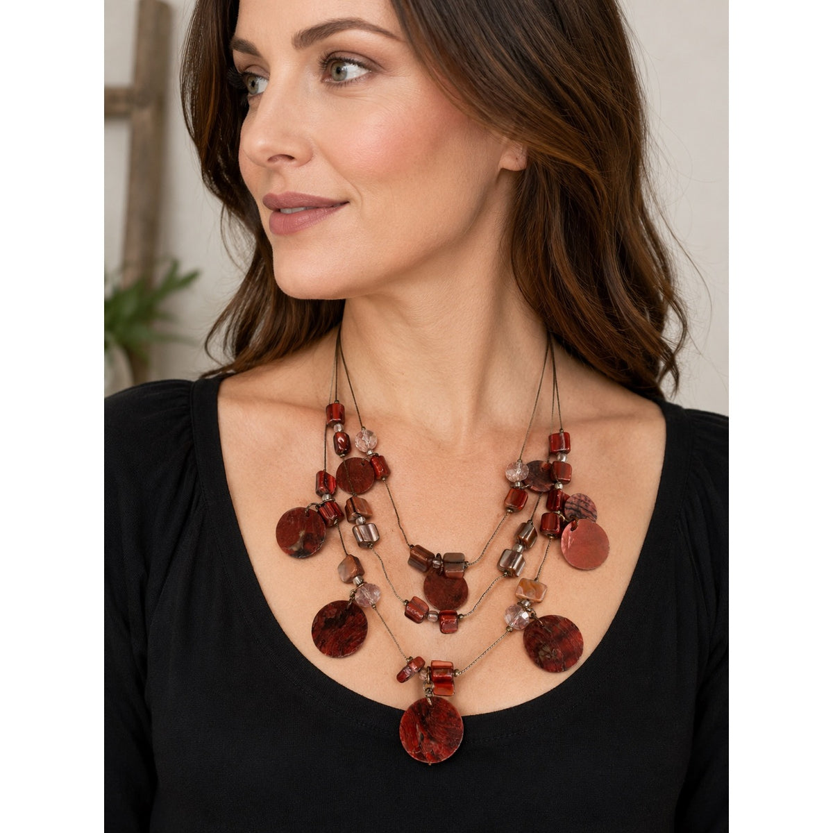 Y2K Red Jasper Style Multi Strand Statement Necklace Boho Disc Beaded 14 Inch