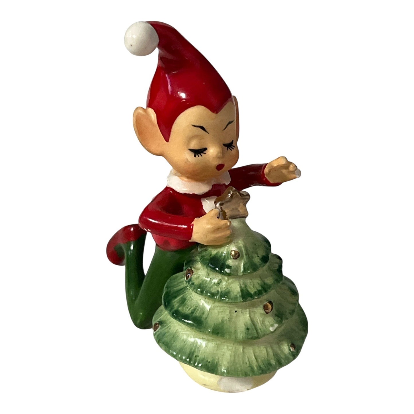 VTG Japan Ceramic Christmas Elf Kneeling by Tree – Mid-Century Holiday Figurine
