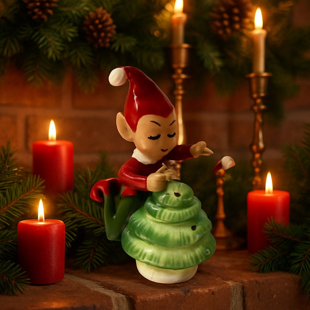 VTG Japan Ceramic Christmas Elf Kneeling by Tree – Mid-Century Holiday Figurine