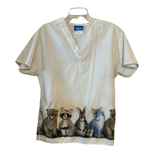 Vintage CREST USA Scrub Top – Size Small – Forest Animal Border Print – V-Neck – Pockets