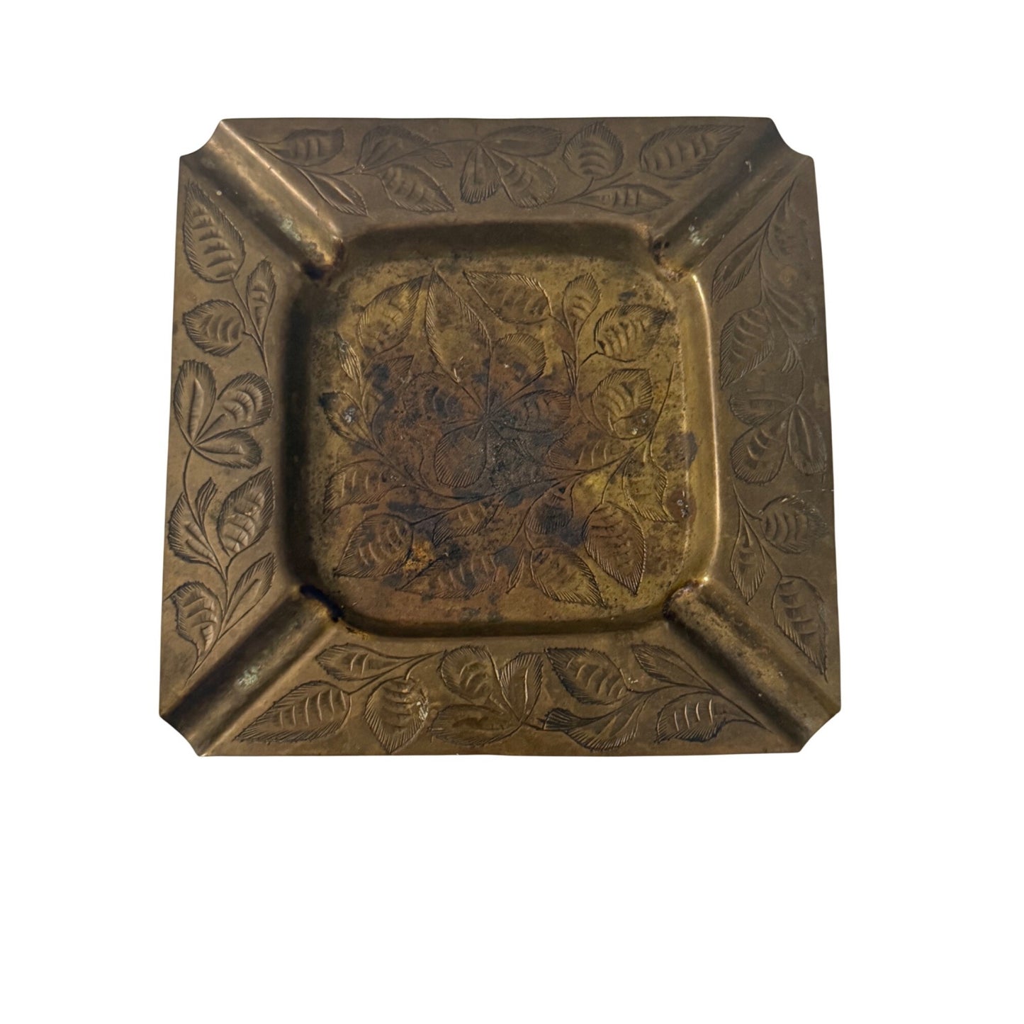 Vintage MYK India Hand Engraved Brass Ashtray Floral Etched Square Tobacciana 5.5"