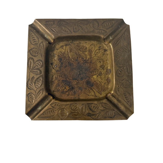 Vintage MYK India Hand Engraved Brass Ashtray Floral Etched Square Tobacciana 5.5"