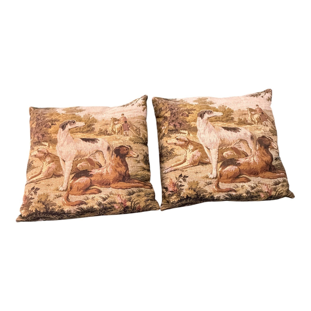 Vintage Greyhound Hunting Scene Tapestry Throw Pillows Set of 2 English Country 17 Inch