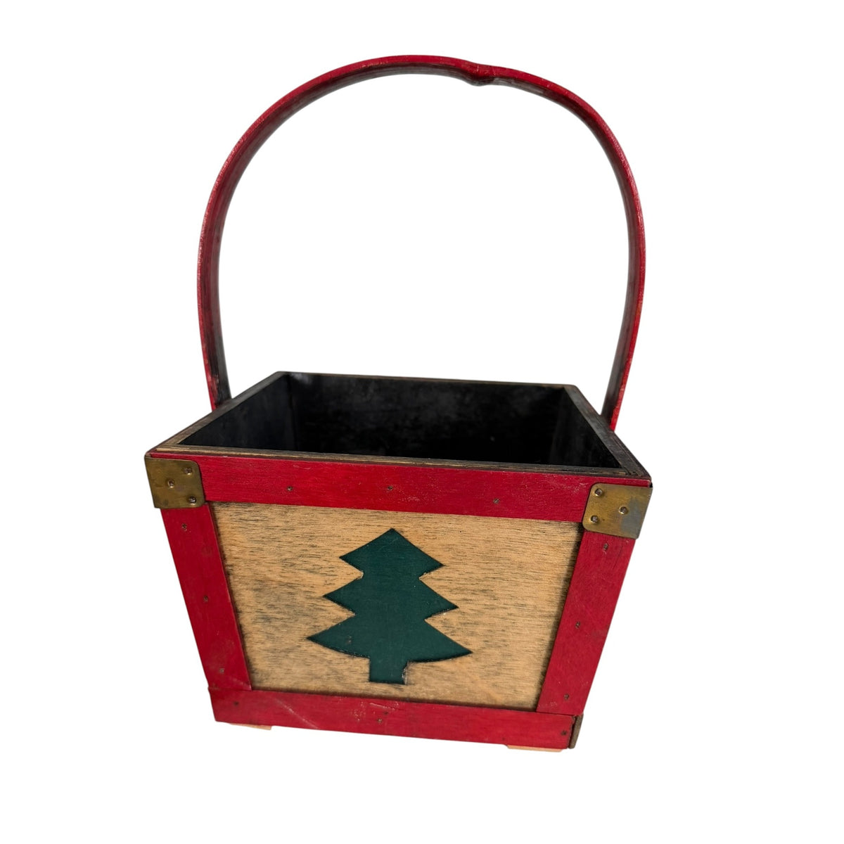 Vintage FTD Wooden Christmas Tree Basket Red Green Holiday Floral Container