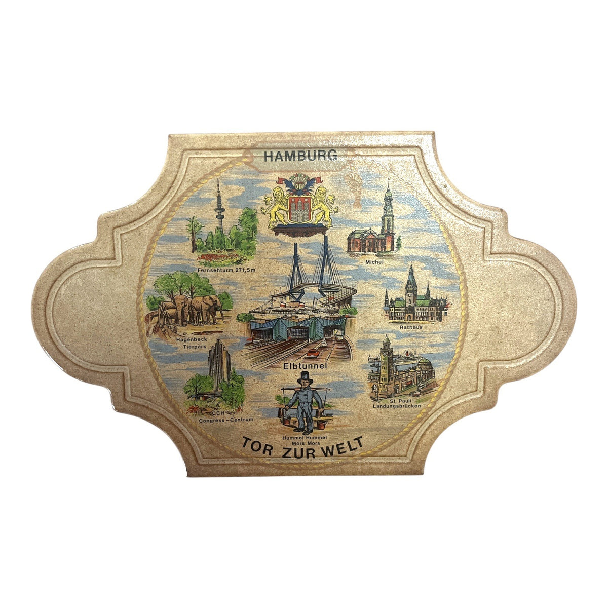 Vintage Hamburg Germany Tor Zur Welt Ceramic Souvenir Plaque Trivet 12"