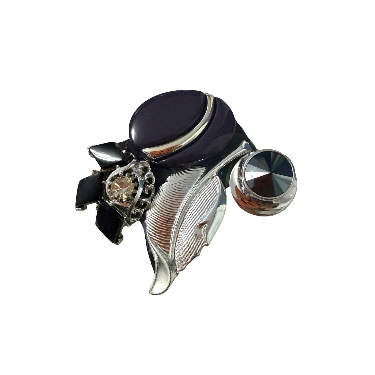 Handmade Assemblage Statement Brooch Black Silver Tone Rhinestone Abstract Pin
