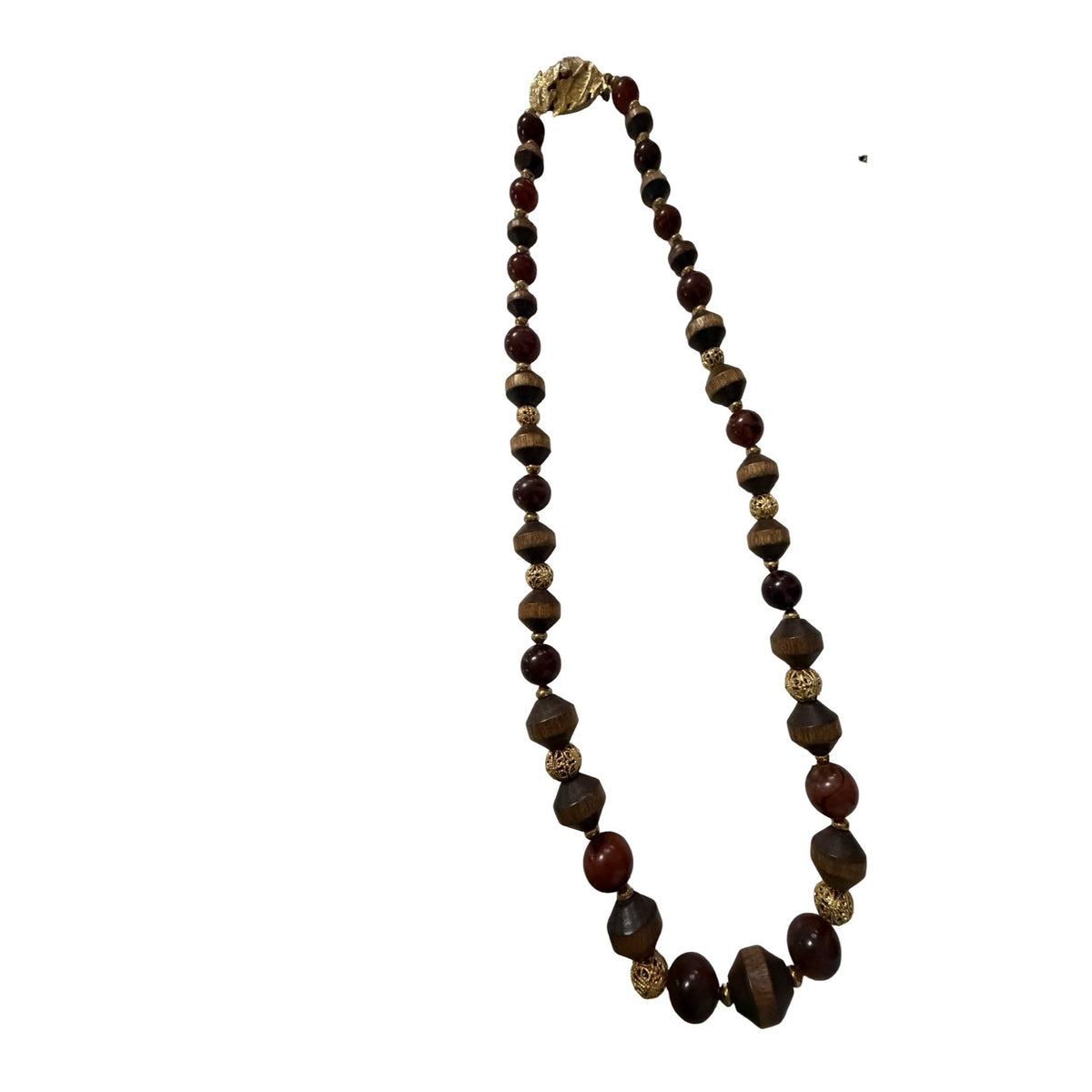 Vintage Wood Bead Necklace 22 Inch Red Brown Gold Tone Leaf Clasp Boho Jewelry