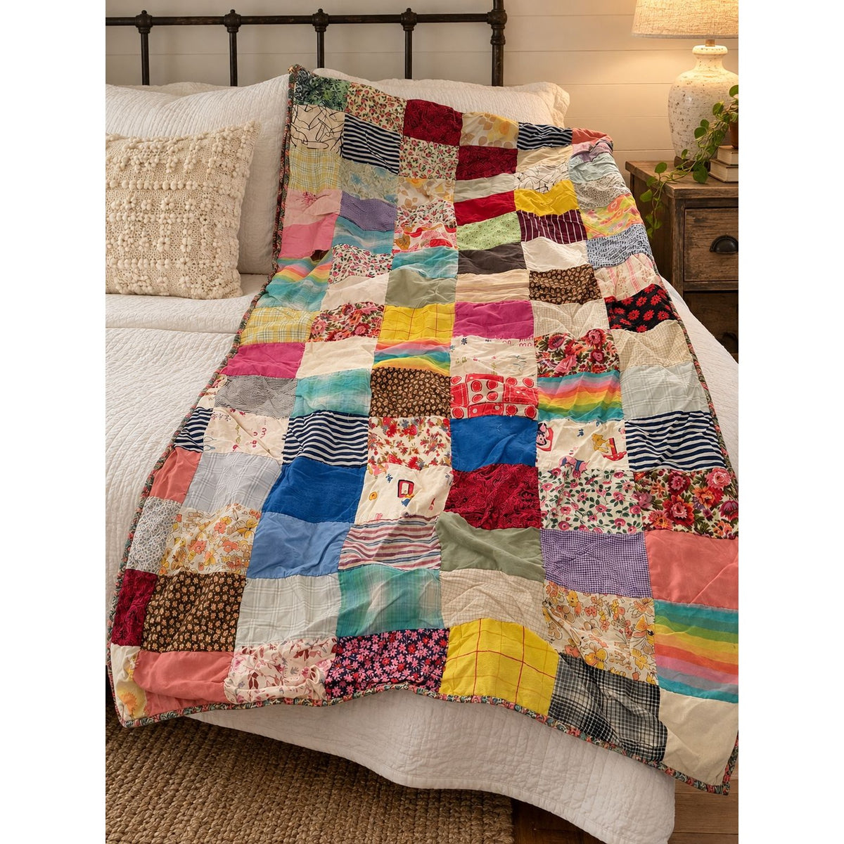 Vintage Handmade Blue White Patchwork Quilt 64x37 Primitive Farmhouse Cutter Quilt