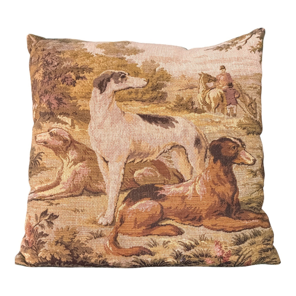 Vintage Greyhound Hunting Scene Tapestry Throw Pillows Set of 2 English Country 17 Inch