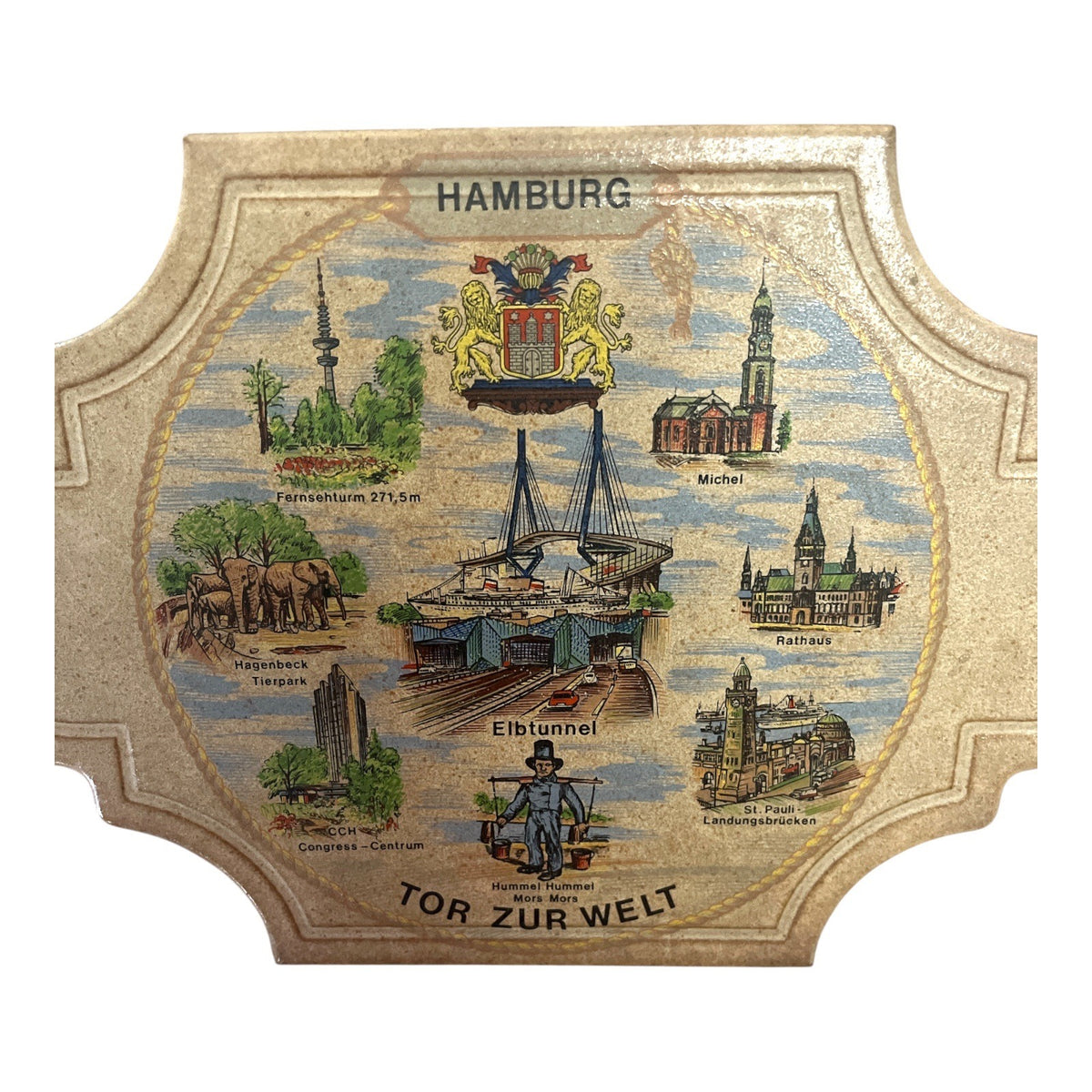Vintage Hamburg Germany Tor Zur Welt Ceramic Souvenir Plaque Trivet 12"