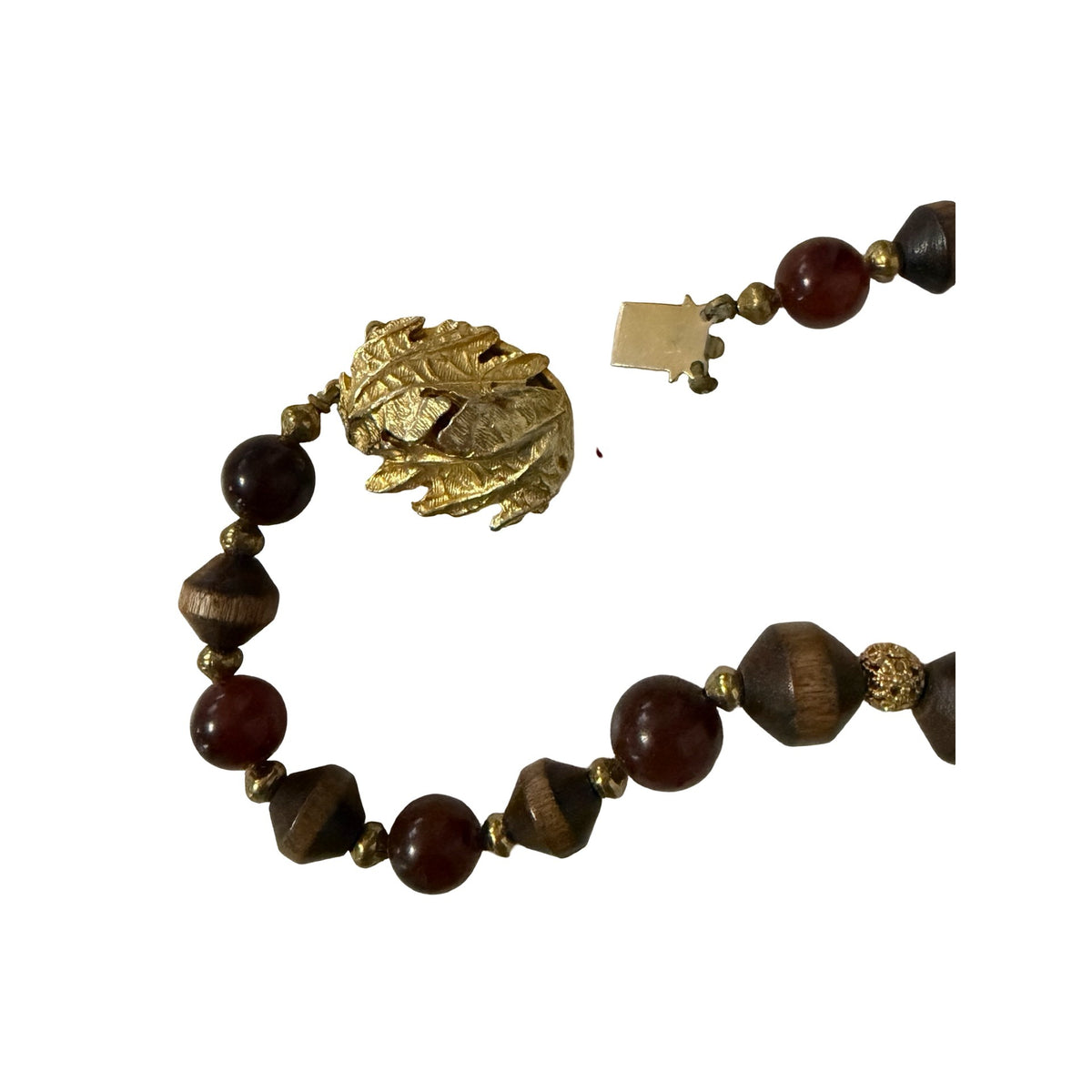 Vintage Wood Bead Necklace 22 Inch Red Brown Gold Tone Leaf Clasp Boho Jewelry
