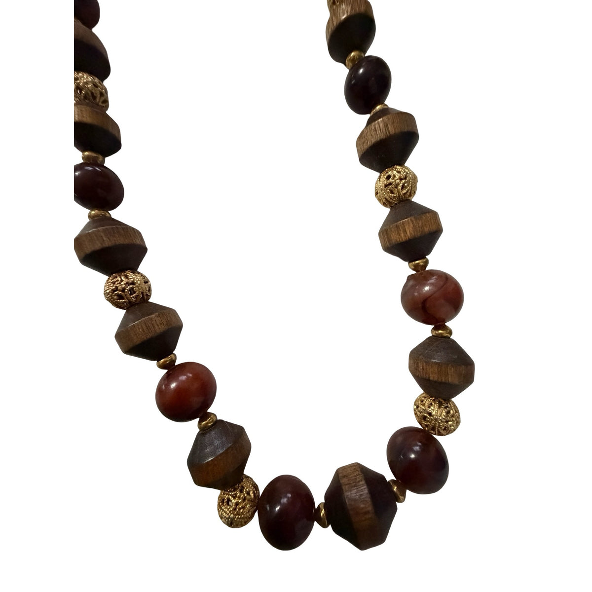 Vintage Wood Bead Necklace 22 Inch Red Brown Gold Tone Leaf Clasp Boho Jewelry