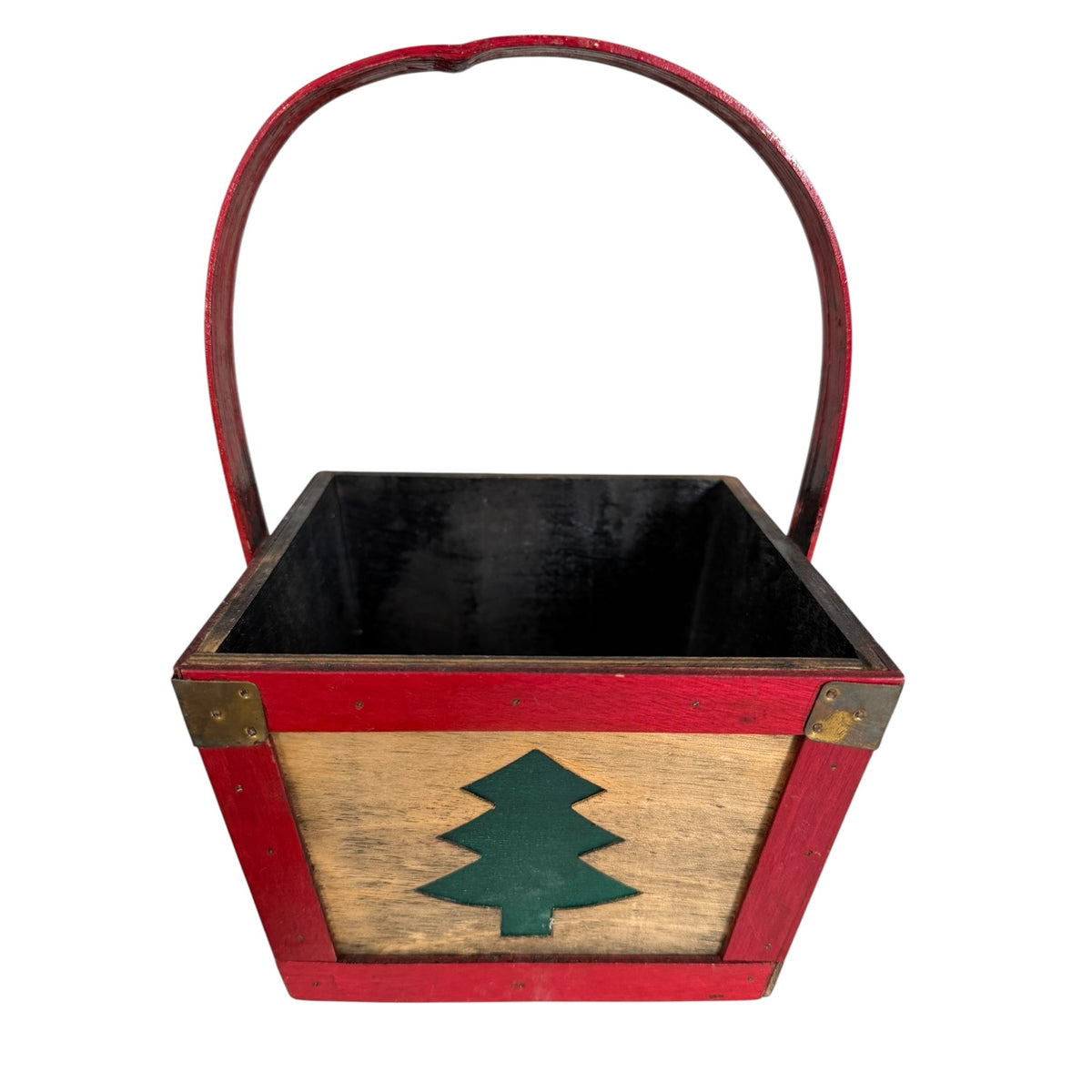 Vintage FTD Wooden Christmas Tree Basket Red Green Holiday Floral Container