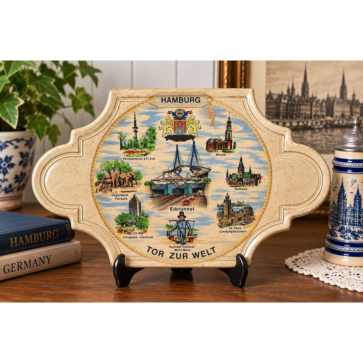 Vintage Hamburg Germany Tor Zur Welt Ceramic Souvenir Plaque Trivet 12"