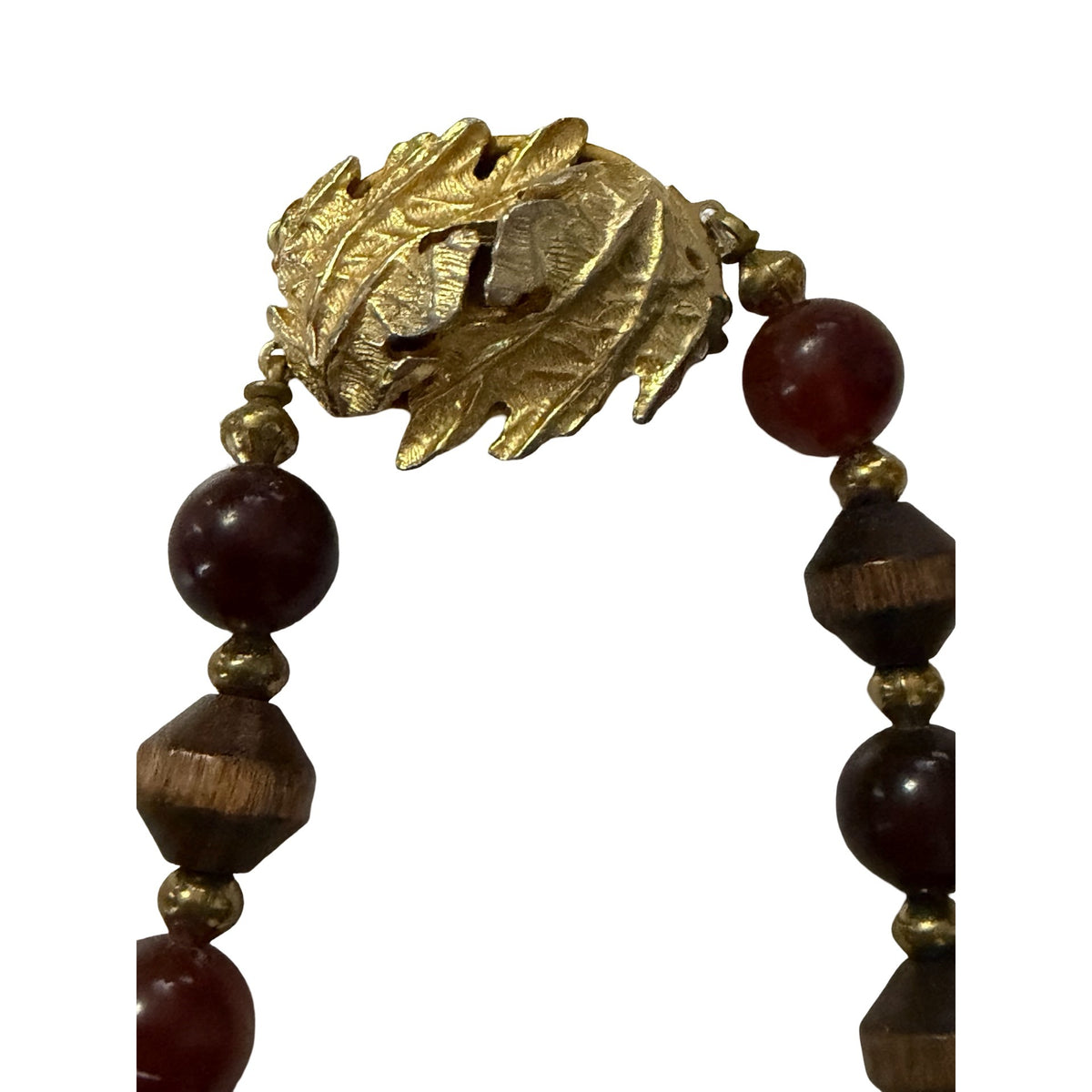 Vintage Wood Bead Necklace 22 Inch Red Brown Gold Tone Leaf Clasp Boho Jewelry