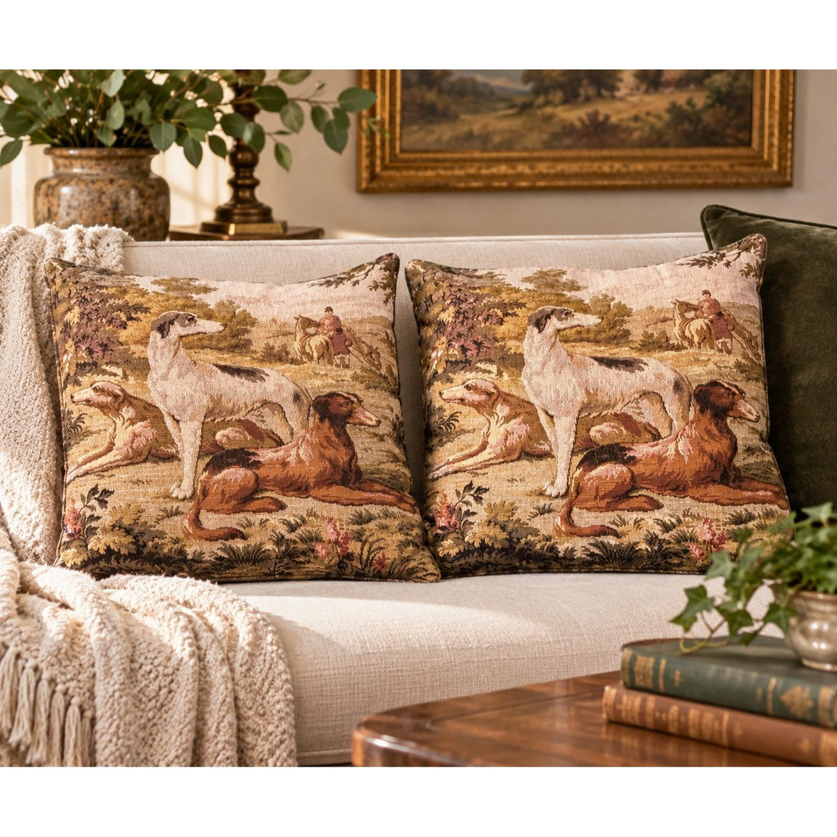 Vintage Greyhound Hunting Scene Tapestry Throw Pillows Set of 2 English Country 17 Inch