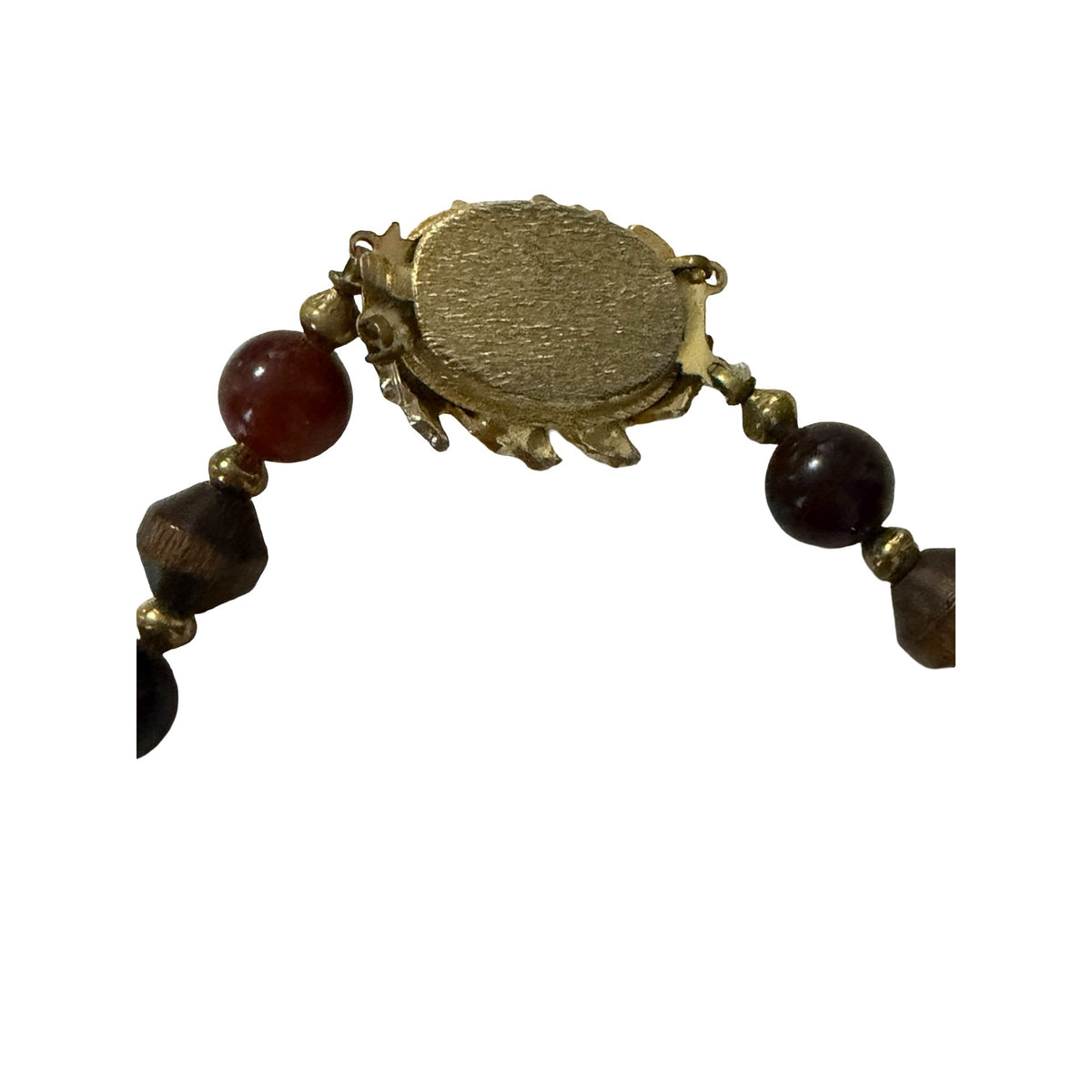 Vintage Wood Bead Necklace 22 Inch Red Brown Gold Tone Leaf Clasp Boho Jewelry