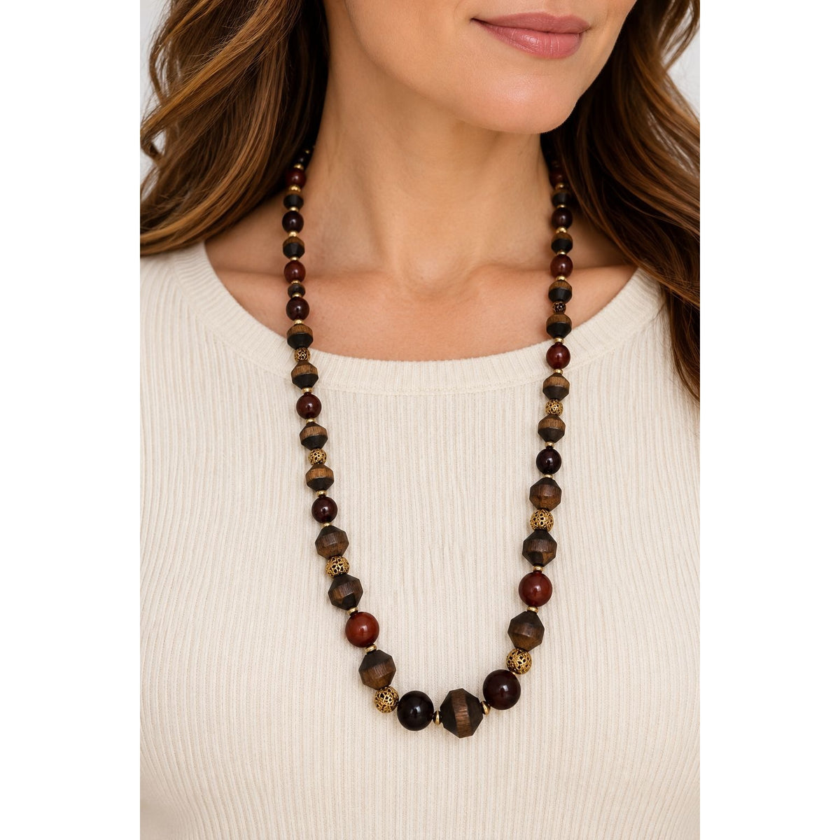 Vintage Wood Bead Necklace 22 Inch Red Brown Gold Tone Leaf Clasp Boho Jewelry