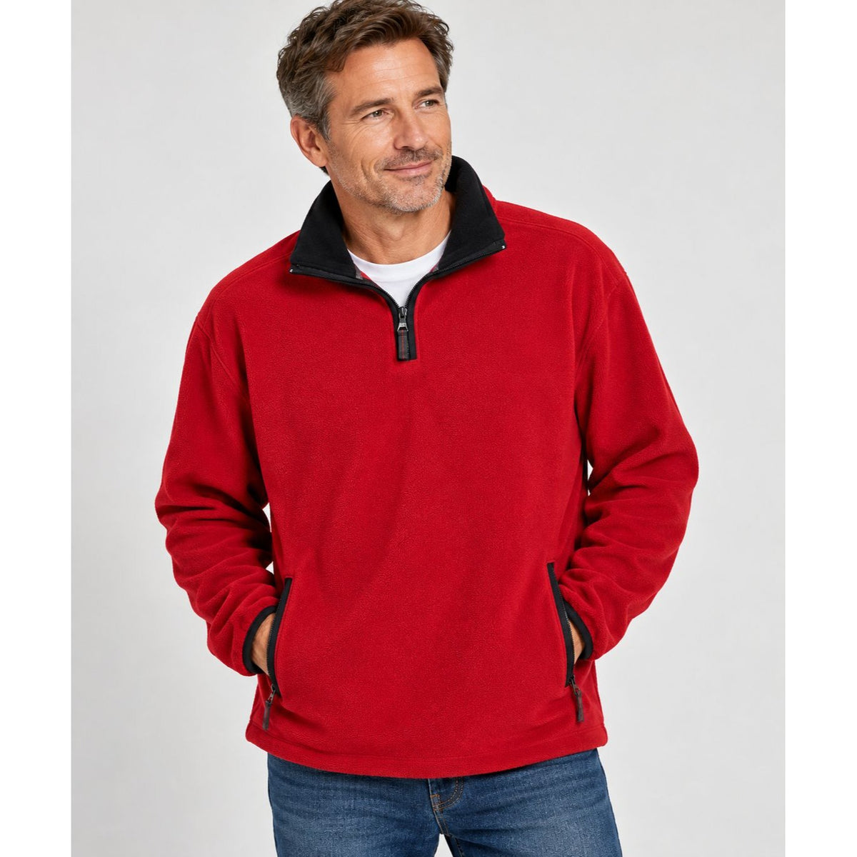 Vtg St. John's Bay Red Fleece Pullover L – 90s Y2K Mens 1/4 Zip Jacket, Black Collar, Pockets