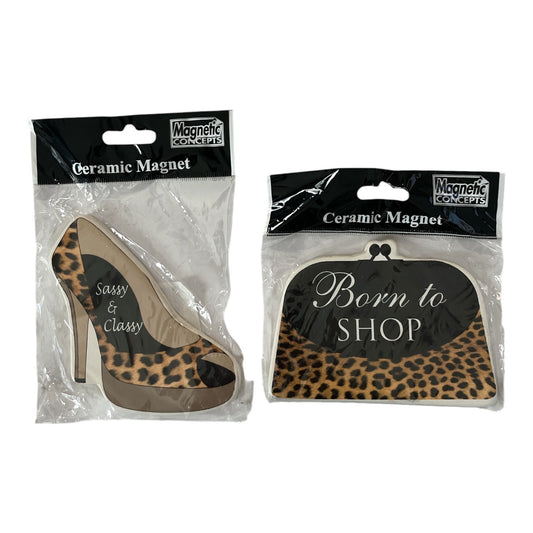 VTG Leopard Print Ceramic Magnets – Sassy High Heel & Born to Shop Purse – Fashion Fridge Magnet Set – Magnetic Concepts NWT