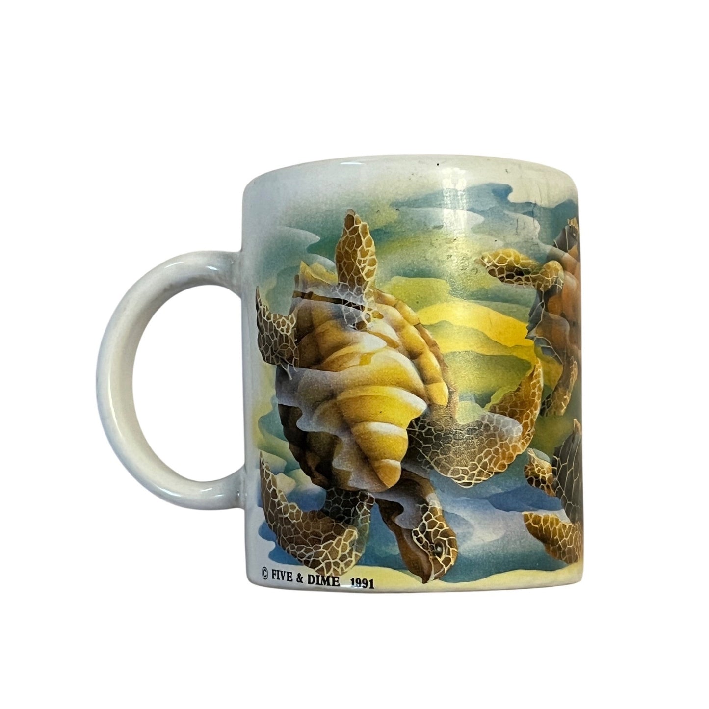 Vintage 1991 Five & Dime Green Sea Turtle Coffee Mug Ocean Art Korea